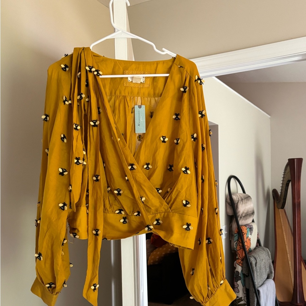 NWT Anthropologie Maeve Mustard Floral Wrap Blouse with Bees